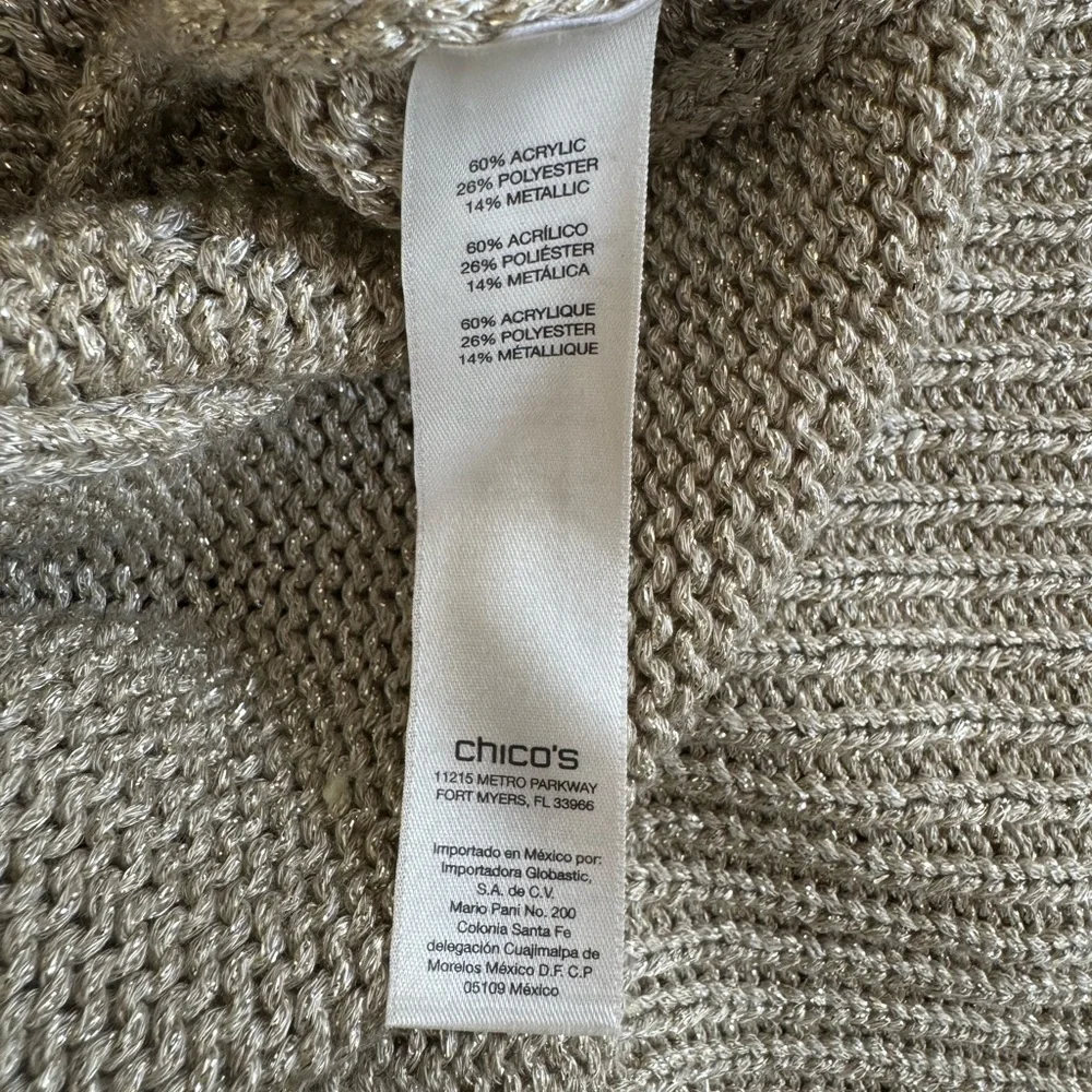 Chico's Tan Gold Shimmer Metallic Open Knit Short Sleeve Sweater Size Large